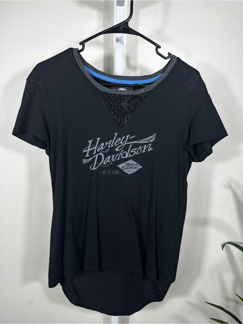 G47. Harley-Davidson Black Short Sleeve Tee with Gray Logo and Lace